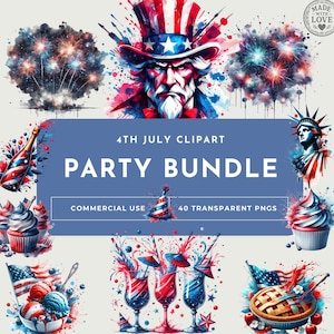 Bundle de cliparts animé fête du 4 juillet, graphiques de célébration patriotique des États-Unis, PNG à usage commercial, téléchargement immédiat pour des designs amusants, pour carte