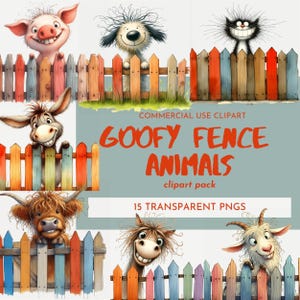 Pack de cliparts loufoques animaux de la ferme derrière une clôture en bois, art numérique coloré campagne drôle, impressions tendance, PNG Transparent, Design amusant