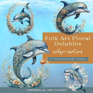 Folk Art Blumen Delphin Clipart | Maritime Fantasie | Aquarell Ozean Tier | Mystische Meeres Illustration | Unterwasser Dekor und Kunsthandwerk