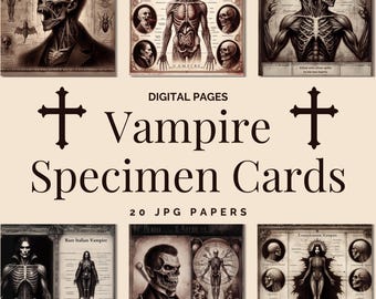 Victorian Vampire Specimen Card Digital Papers - Gothic Ephemera, Antique Science Journal Elements, Halloween Invitation, Dark Academia Art