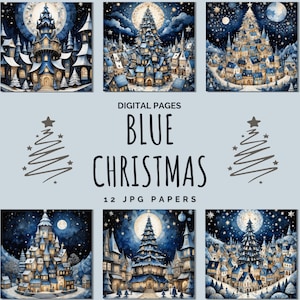 Digitaal papierpakket blauwe kerst, winterdorpkunst, feestelijk besneeuwd dorpsgezicht, gezellig huisjeontwerp, achtergrond voor vakantieambachten, kaartkunstwerk