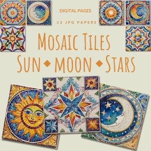 Mozaïektegels van zon, maan en sterren Digitaal papier, hemels kleurrijk rustiek ephemera grafisch beeld, astraal, maan, trending zonnepatroon