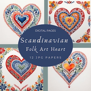 Grundfarben Nordische Volkskunst Stil Herz Traditionelle Skandinavische Motive Digitale Papiere Seiten Grafikbild Rosemaling Norwegische Linien
