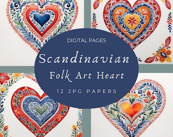 Primary Colours Nordic Folk Art Style Heart Traditional Scandinavian Motifs Digital Papers Pages Graphic Image Rosemaling Norwegian Lines