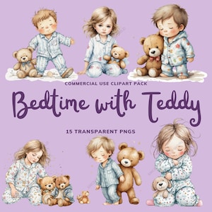 Sleepy Pyjama Party Clipart Pack Bedtime Boho Balloons Digital Art Little Boy Girl Teddy Bear Cute Graphic Image Crafter Mum Downloadable