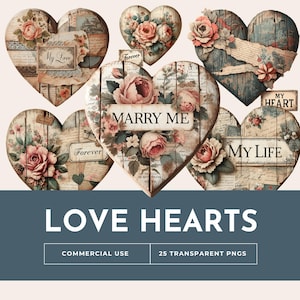 Pacchetto clipart di cuori in legno massiccio per San Valentino - Opera floreale vintage shabby chic con messaggi d'amore per lavoretti romantici, diari di scarto in formato PNG