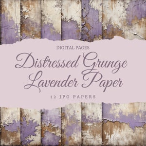 Papeles digitales desgastados de color lavanda grunge, texturas románticas y rústicas en crema y sepia, descarga instantánea, páginas gráficas elegantes con manchas agrietadas.