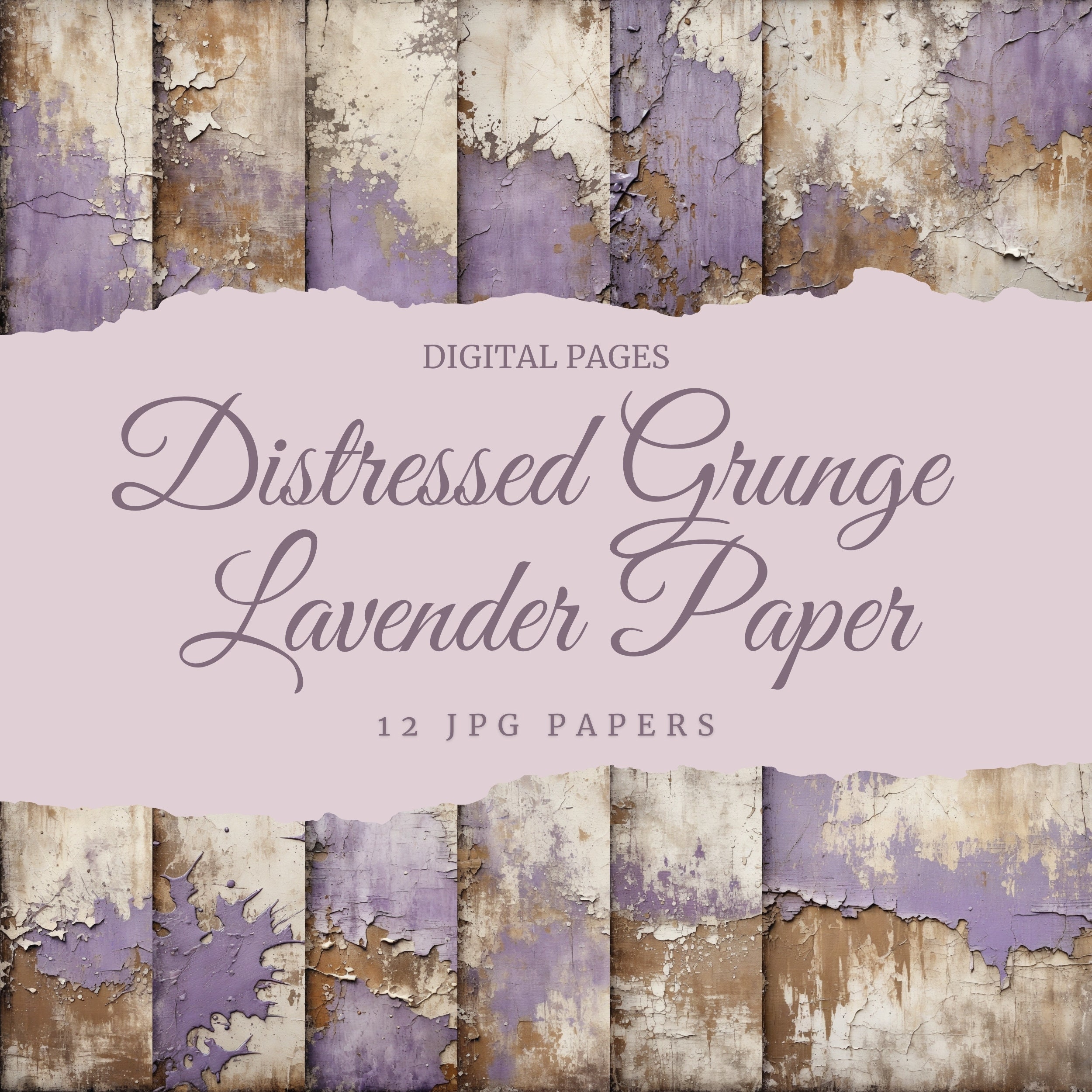 Distressed Grunge Lavender Digital Papers, Romantic, Rustic Texture Cream & Sepia Instant Download, Cracked Stained Elegance Graphic Pages