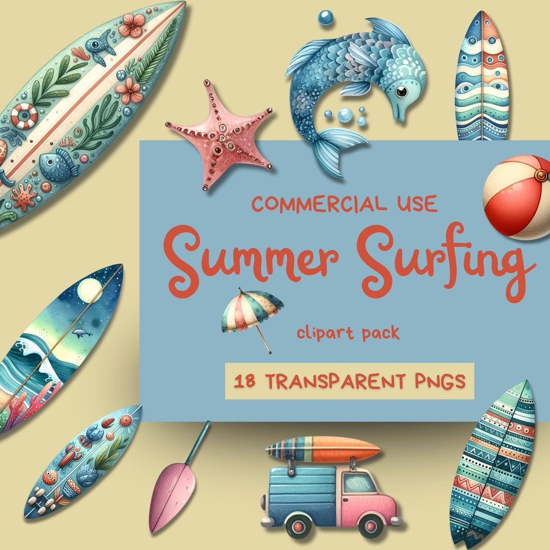 Summer Surf Clipart PNG, Set Beach Elements, Ocean Van Tropical Sports ...