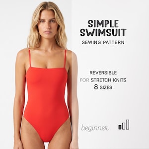 May include: A red one-piece swimsuit with thin straps and a square neckline. The image also includes text that reads "SIMPLE SWIMSUIT SEWING PATTERN" and "REVERSIBLE FOR STRETCH KNITS 8 SIZES". The pattern is for beginners.