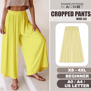 Cropped Pants Sewing Pattern BEGINNER Level, Wide Leg Palazzo Pants Pattern, XS - 4XL, Women Digital PDF Sewing Patterns