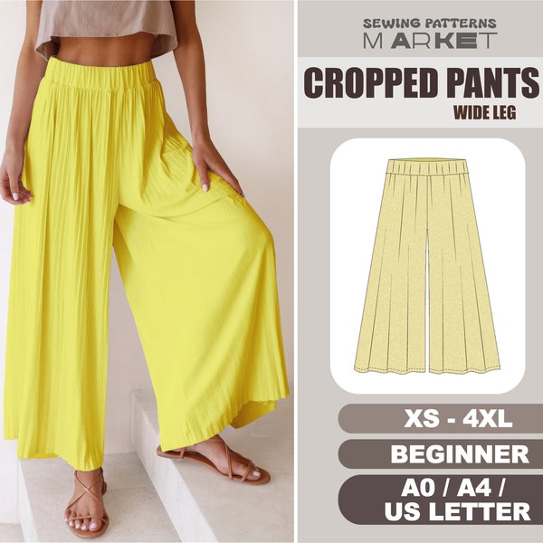 Cropped Pants Sewing Pattern BEGINNER Level, Wide Leg Palazzo Pants Pattern, XS - 4XL, Women Digital PDF Sewing Patterns