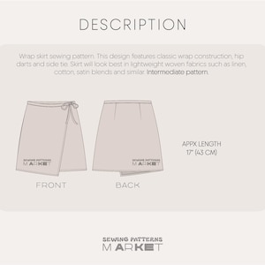 Puede incluir: Un patr&oacute;n de costura para una falda cruzada, con vistas delantera y trasera. El dise&ntilde;o incluye pinzas en la cadera y una lazada lateral. La longitud aproximada de la falda es de 43 cm. El texto "SEWING PATTERNS MARKET" es visible.