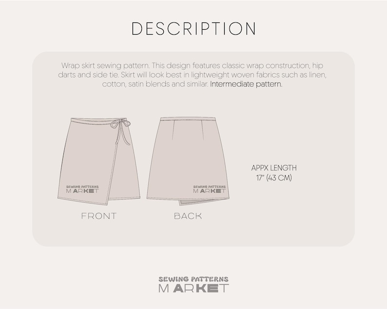 Puede incluir: Un patr&oacute;n de costura para una falda cruzada, con vistas delantera y trasera. El dise&ntilde;o incluye pinzas en la cadera y una lazada lateral. La longitud aproximada de la falda es de 43 cm. El texto "SEWING PATTERNS MARKET" es visible.