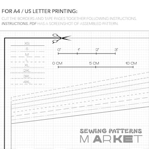 May include: A sewing pattern layout with size labels XS to 4XL. Includes a ruler with measurements in inches and centimeters. Text at the top reads "FOR A4 / US LETTER PRINTING". The bottom of the image displays "SEWING PATTERNS MARKET".