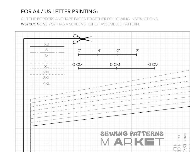 May include: A sewing pattern layout with size labels XS to 4XL. Includes a ruler with measurements in inches and centimeters. Text at the top reads "FOR A4 / US LETTER PRINTING". The bottom of the image displays "SEWING PATTERNS MARKET".