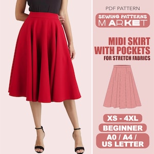 Midi Skirt With Pockets Sewing Pattern For Women, VERY EASY, Plus Size Pattern, Size XS - 4XL, Digital Sewing Patterns, Instant Download