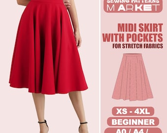 Midi Skirt With Pockets Sewing Pattern For Women, VERY EASY, Plus Size Pattern, Size XS - 4XL, Digital Sewing Patterns, Instant Download