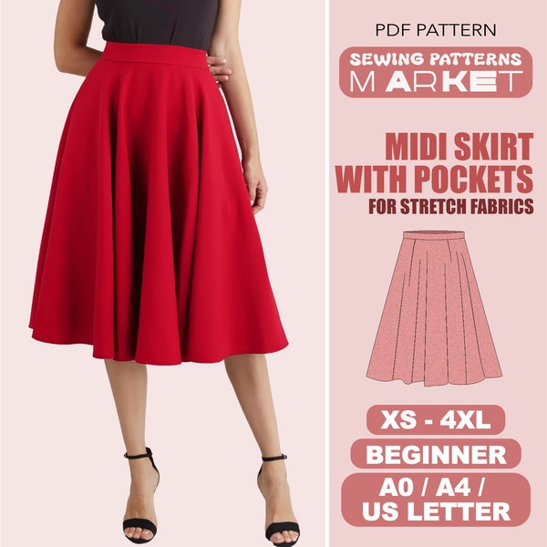 Midi rok met zakken naaipatroon voor dames, ZEER GEMAKKELIJK, Plus Size Patroon, Maat XS - 4XL, Digitale Naaipatronen, Instant Download