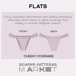 Peut inclure: Diagramme d'un patron de couture de bas de bikini r&eacute;versible. L'image montre les vues avant et arri&egrave;re du bas de bikini, avec du texte indiquant une couverture r&eacute;glable. Le mot "FLATS" est en haut et "CHEEKY COVERAGE" en bas.