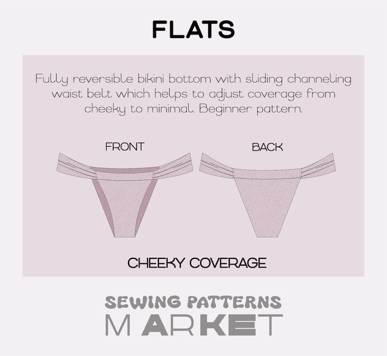 Peut inclure: Diagramme d'un patron de couture de bas de bikini r&eacute;versible. L'image montre les vues avant et arri&egrave;re du bas de bikini, avec du texte indiquant une couverture r&eacute;glable. Le mot "FLATS" est en haut et "CHEEKY COVERAGE" en bas.