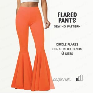 Discobroekpatroon beginnersniveau, wijd uitlopende broek naaipatroon dames, Bell Bottom broekpatroon, maat XS - 4XL, digitale pdf-naaipatronen