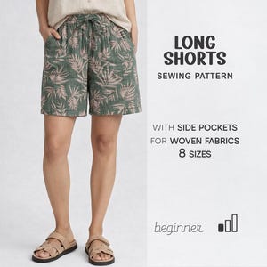 May include: Green and pink leaf-patterned long shorts with a drawstring waist and side pockets. The image also shows a sewing pattern for the shorts, with the text "LONG SHORTS SEWING PATTERN" and "WITH SIDE POCKETS FOR WOVEN FABRICS 8 SIZES".
