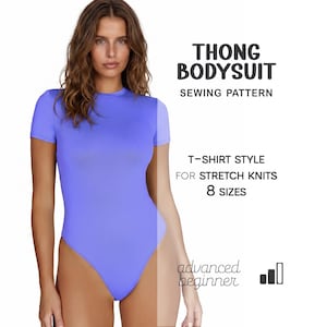Puede incluir: Un body tanga lila con mangas cortas. El texto en la imagen dice "THONG BODYSUIT SEWING PATTERN T-SHIRT STYLE FOR STRETCH KNITS 8 SIZES advanced beginner".