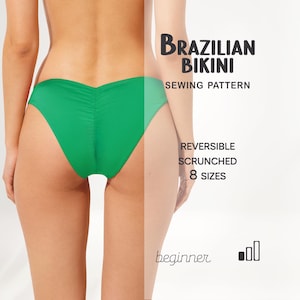 Op de afbeelding: Een groene Braziliaanse bikinibroek met een gerimpelde rug. De afbeelding bevat de tekst "Brazilian Bikini Sewing Pattern" en details over het patroon, waaronder dat het omkeerbaar, gerimpeld is en verkrijgbaar in 8 maten. Het woord "beginner" is ook opgenomen.
