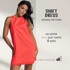 Może przedstawiać: Bezrękawnikowa, koralowa sukienka typu shift. Sukienka ma prostą, prostą sylwetkę i sięga do kolan. Tekst po prawej stronie obrazu brzmi "SHIFT DRESS SEWING PATTERN" i "NO ZIPPER WITH BUST DARTS 8 SIZES".