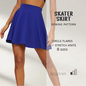 May include: A vibrant blue skater skirt. The skirt is shown on a person. The image also includes text that reads "SKATER SKIRT SEWING PATTERN", "CIRCLE FLARES FOR STRETCH KNITS", "8 SIZES", and "beginner".