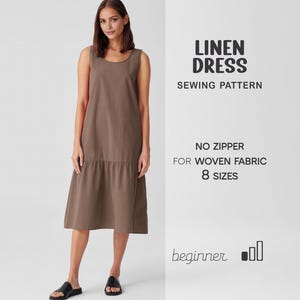 May include: A sleeveless brown linen dress with a ruffled hem. The dress is knee-length and has a simple, elegant design. Text on the right reads "LINEN DRESS SEWING PATTERN" and "NO ZIPPER FOR WOVEN FABRIC 8 SIZES".