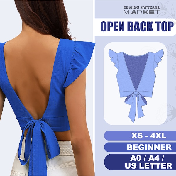 Open Back Top Pattern, Beginner Crop Top Pattern, Easy Backless Top Sewing Pattern, Backless Top, XS-4XL, Blouse Pattern, Beginner Patterns