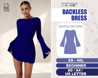 Backless Dress Pattern Beginner, Cutout Back Dress Sewing Pattern, Long Sleeve Dress, Digital Patterns, XS - 4XL, Birthday Dress Pattern