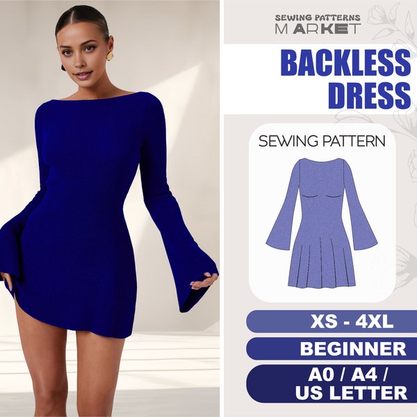 Backless Dress Pattern Beginner, Cutout Back Dress Sewing Pattern, Long Sleeve Dress, Digital Patterns, XS - 4XL, Birthday Dress Pattern