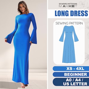 Langes Kleid Schnittmuster, Abendkleid-Schnittmuster, Frauen Anfänger-Muster, Formelles Kleid Anfänger-Muster, Digitale PDF-Muster, XS - 4XL