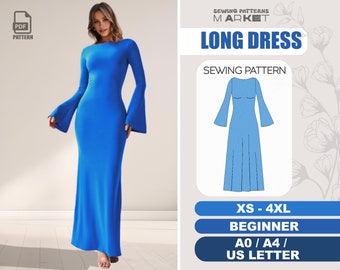 Langes Kleid Schnittmuster, Abendkleid-Schnittmuster, Frauen Anfänger-Muster, Formelles Kleid Anfänger-Muster, Digitale PDF-Muster, XS - 4XL