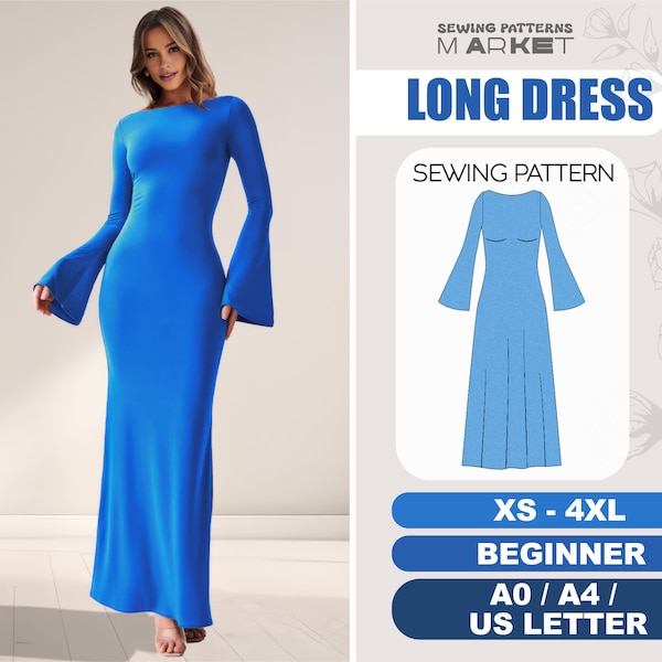 Long Dress Sewing Pattern, Evening Dress Pattern, Women Beginner Patterns, Formal Dress Beginner Pattern, Digital PDF Patterns, XS - 4XL