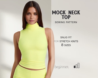 Fitted Top Pattern, Stretch Top Pattern, Mock Neck Top Pattern, Sleeveless Top Sewing Pattern For Women, Turtleneck Top PDF Sewing Pattern