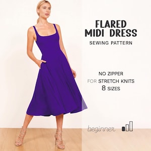 Op de afbeelding: Een vrouw poseert in een uitlopende midi-jurk in een levendige paarse tint. De jurk heeft een vierkante halslijn, zakken en een zwierige rok. Tekst op de afbeelding luidt "Flared Midi Dress Sewing Pattern" en "No zipper for stretch knits 8 sizes."