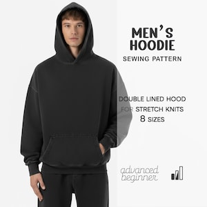 May include: A black hoodie with a double-lined hood and a front pocket. The image includes the text "MEN'S HOODIE SEWING PATTERN" and "DOUBLE LINED HOOD FOR STRETCH KNITS 8 SIZES". The hoodie is part of a sewing pattern for advanced beginners.