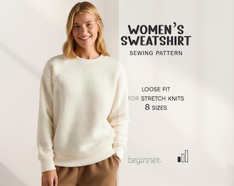 Women's Sweatshirt Pattern, Oversized Sweatshirt Patterns, Crewneck Pattern, Clothes Sewing Pattern, Women's Pullover Pattern PDF Download