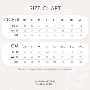 Puede incluir: Una tabla de tallas con medidas en pulgadas y cent&iacute;metros para contorno de pecho, cintura y cadera, que van desde la XS hasta la 4XL. La tabla incluye el texto "SIZE CHART" y "SEWING PATTERNS MARKET".