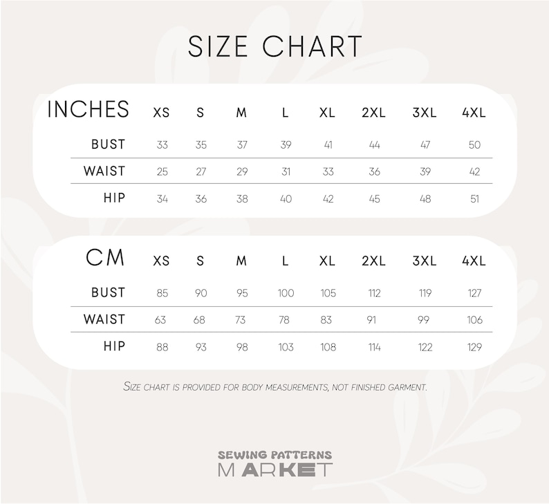 Puede incluir: Una tabla de tallas con medidas en pulgadas y cent&iacute;metros para contorno de pecho, cintura y cadera, que van desde la XS hasta la 4XL. La tabla incluye el texto "SIZE CHART" y "SEWING PATTERNS MARKET".