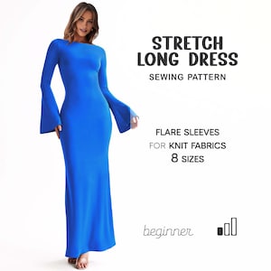 Op de afbeelding: Een vrouw draagt een felblauwe stretch lange jurk met uitlopende mouwen. Het naaipatroon is voor breisels, verkrijgbaar in 8 maten. De tekst op de afbeelding luidt "Stretch Long Dress Sewing Pattern" en "Beginner".