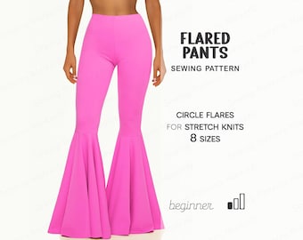 Patrón de costura para pantalones acampanados (nivel principiante), leggings acampanados de campana, patrón de pantalón fácil, tallas XS-4XL, patrones de costura digitales