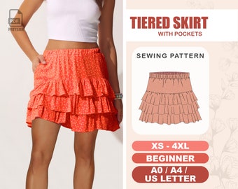 Ruffle Skirt Sewing Pattern, Flounce Short Skirt Beginner Pattern, Tiered Skirt Pattern XS - 4XL, Plus Size Skirt Pattern, PDF Patterns