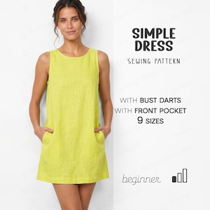 Puede incluir: Un vestido sin mangas de color verde lima con cuello redondo, pinzas en el busto y bolsillos delanteros. El texto dice: SIMPLE DRESS SEWING PATTERN WITH BUST DARTS WITH FRONT POCKET 9 SIZES beginner. El diseño presenta una silueta recta y sencilla.