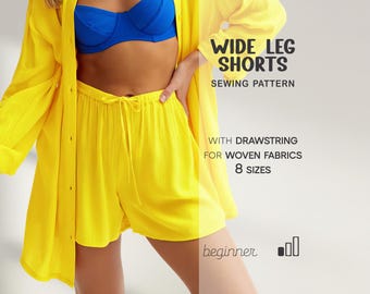Patrón de costura para pantalones cortos de mujer para principiantes, patrón de pantalones cortos acampanados, patrón de pantalones cortos de tallas grandes, pantalones cortos de pijama, patrón de costura digital