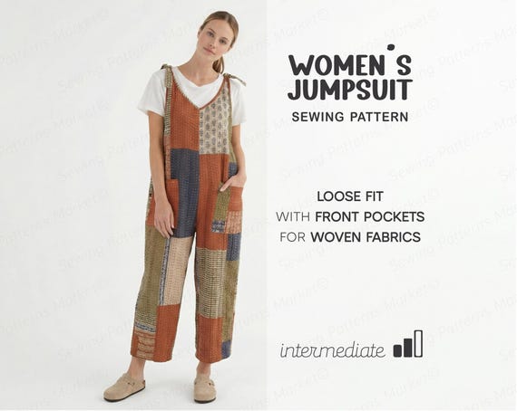 Quilted Jumpsuit Pattern, Patchwork Overalls Pattern For Women Dungarees Pattern, Garden Jumpsuit Pattern